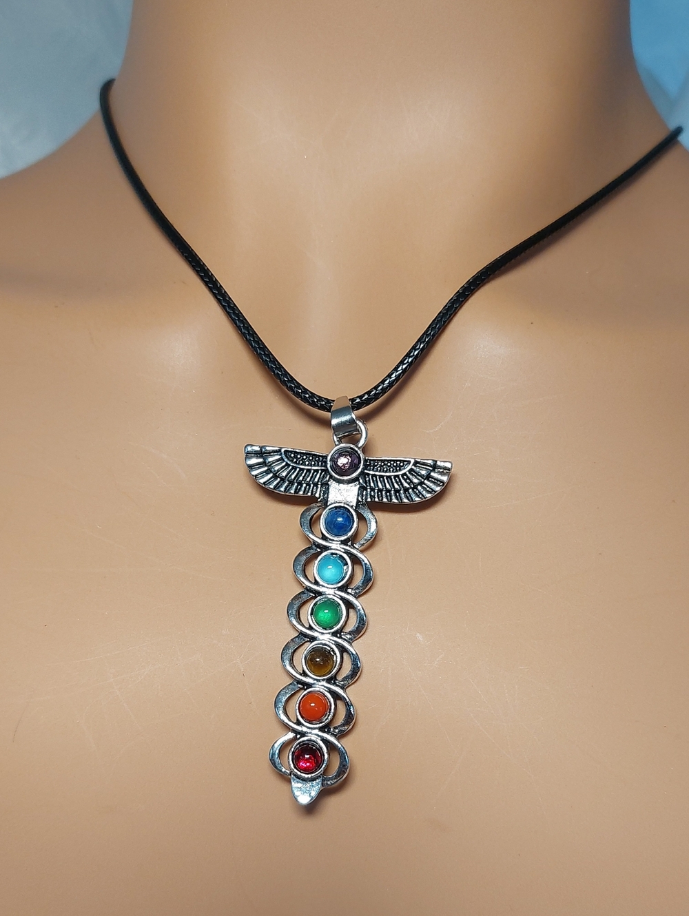 Silver Winged Caduceus 7 Chakra Stone Pendant Necklace Boho
